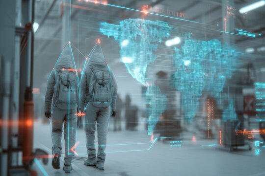 High-tech border control checkpoint with AI surveillance cameras, biometric scanners, and holographic world map overlay, minimal human silhouettes with backpacks, clean futuristic environment.