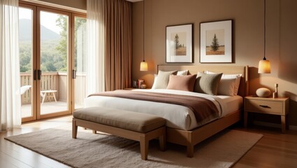 A cozy bedroom with a view of the forest.