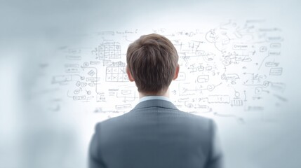 A man in a suit is looking at a whiteboard with a lot of diagrams on it