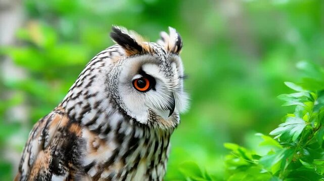 Long Eared Owl with Striking Orange Eyes Among Green Foliage Wildlife and Nature Marvel