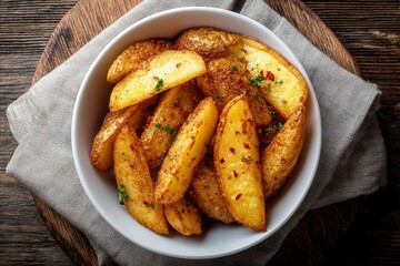 Golden potato wedges tantalize the palate in rustic setting, beckoning with savory aroma