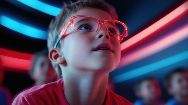 Young caucasian boy in neon glasses mesmerized by colorful lights