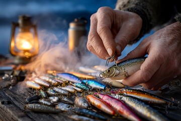Elderly male preparing fishing lures with bait by lantern light on rustic table