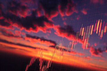 Financial charts overlayed on a vibrant sunset sky