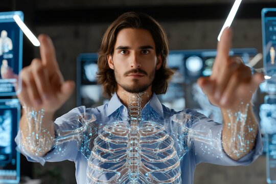 Young caucasian male scientist interacting with futuristic holographic interface on human anatomy