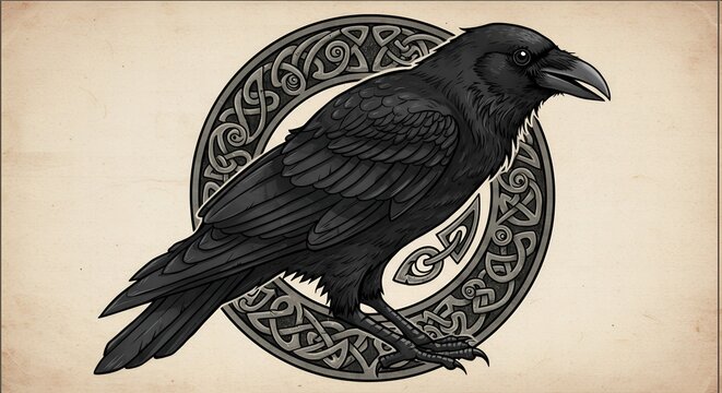Majestic black raven perched within intricate Celtic knotwork circle, evoking mystery and ancient lore.