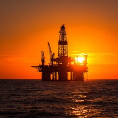 Oil Rig Silhouette Against Vibrant Sunset Over Ocean Horizon
