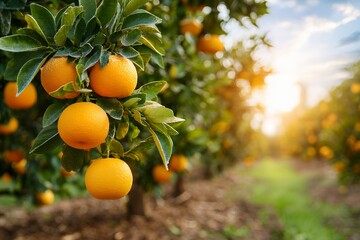 Vibrant orange orchard in sunshine with lush green foliage at sunset