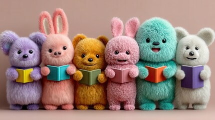 Reading rainbow of plushie friends shows love for literature, standing side-by-side