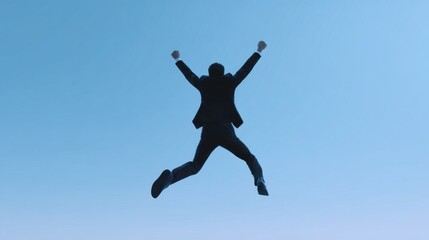 A man in a suit is jumping in the air with his arms raised
