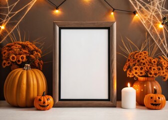 halloween frame mockup. Autumn-themed decor features pumpkins, flowers, and a blank frame, perfect for Halloween or seasonal celebration displays.