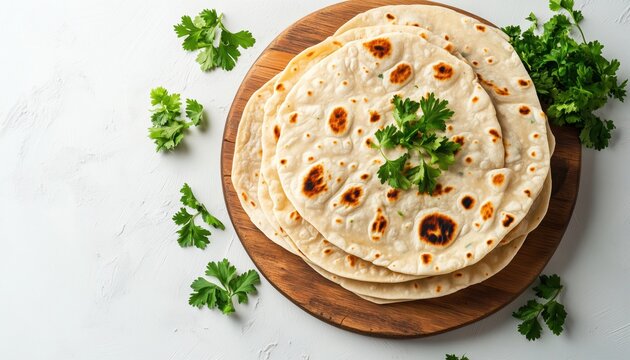 Traditional Chapati: Fresh Parsley Topped Indian Breads On A Grey Background. Top View, Horizontal Shot Of The Classic Dish.