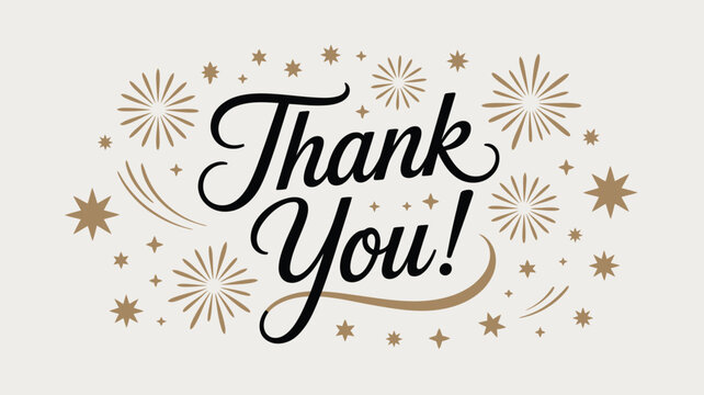 “Thank You!” message in black cursive with gold stars, sparkles, and bursts on light background, perfect for celebration, greeting, or decor themes