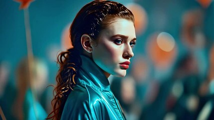 Fashion model in teal jacket standing still with soft cinematic lighting. Orbit. 4K.
 - Powered by Adobe