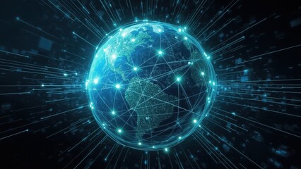 Aml Software. Futuristic glowing blue digital globe with network connections, illustrating global communication, technology concept, data exchange, cyberspace, science background for technology websi