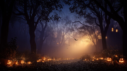 Enchanting Halloween Forest: A spooky yet captivating scene of a forest at dusk, where a multitude of carved pumpkins illuminate a mysterious path.