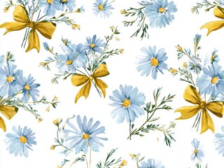 Fototapeta premium Beautiful blue watercolor floral pattern with pastel flowers and green leaves on a white background, hand drawn illustration of delicate daisies and fancy yellow bows.