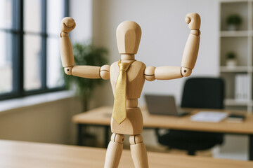 Mannequin celebrate success and achievement with gold tie in office evoking positive and confident energy