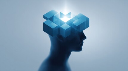 A man's head is made of cubes and is lit up