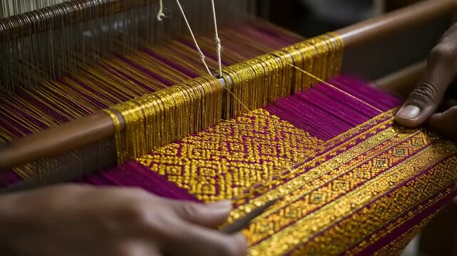 Close-up of traditional handloom weaving with intricate patterns and vibrant colors