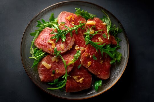 Delicate presentation of Wagyu beef carpaccio with arugula on a plate at Spago