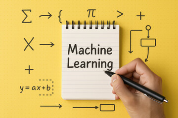 Machine learning and algorithm education inspire knowledge with colorful math symbols on yellow background