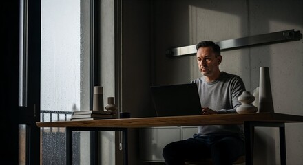A serious-looking middle-aged man sits at a modern wooden desk with a laptop, looking contemplative, in a dimly lit room with large windows showing a rainy exterior.