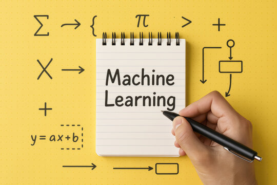 Machine learning and algorithm education inspire knowledge with colorful math symbols on yellow background