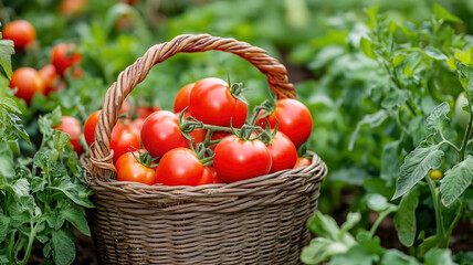Fresh red tomatoes in wicker basket surrounded by green foliage in vibrant garden setting