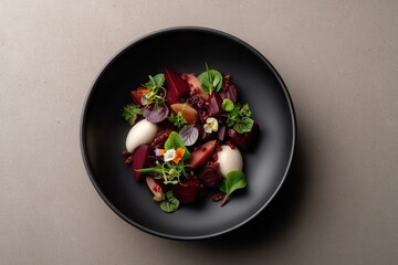 Beyond ordinary culinary experiences Beetroot with goat and edible flowers by Marc Lepine