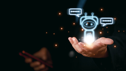 Technology and people concept man use AI to help work, AI Learning and Artificial Intelligence Concept. Business, modern technology, internet and networking concept. AI technology in everyday life.