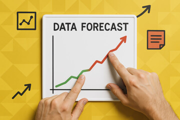 Fototapeta premium Data forecast and trend analysis showing growth prediction marked on whiteboard with vivid yellow geometric pattern