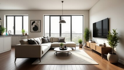 Fototapeta premium Modern living room with large windows and a comfortable sectional sofa.