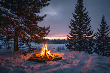 Tranquil Sunset Campfire: Harmonious Blend of Flames and Winter's Glow in a Serene Clearing