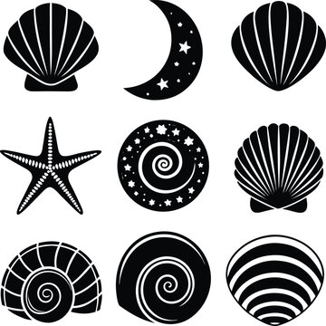 Cosmic seascape icon set featuring a moon stars and a shell in silhouette