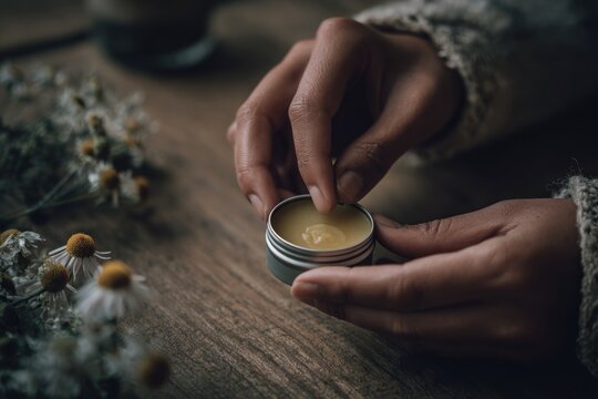 Hands applying herbal balm to lips