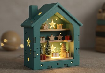Illuminated christmas house decoration with gifts and trees
