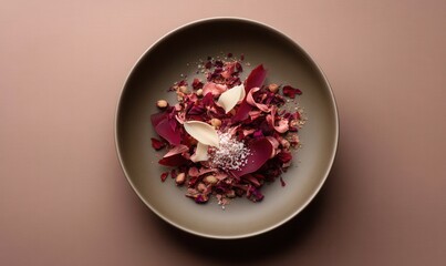 Dried beet petals adorned with horseradish snow on a moss plate in a soft-toned setting