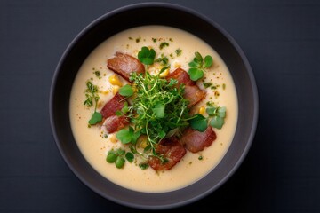 Deconstructed sweet corn soup with smoked bacon foam and micro cilantro in black bowl