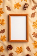 halloween frame mockup. A wooden frame surrounded by autumn leaves and pine cones, set against a beige background, creating a warm seasonal vibe.