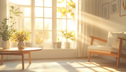 Fototapeta premium Blurred Image Of Sunlit Living Room With Large Windows In A Cozy Interior, Creating A Beautifully Illuminated And Serene Setting.