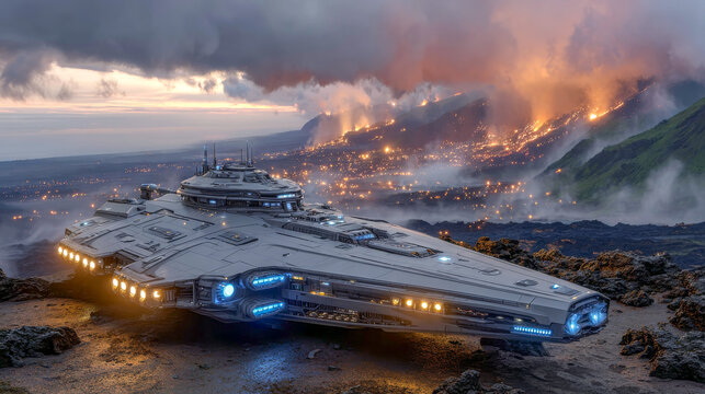 A futuristic spaceship rests on black volcanic ground, surrounded by flowing lava. Distorted heat waves shimmer in the air, while glowing clouds reflect the ominous light from below - Powered by Adobe