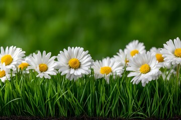 White daisies blooming in vibrant green grass