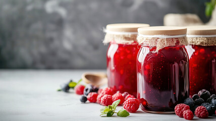 Homemade mixed berry jam in glass jars with fresh raspberries and blueberries on rustic table