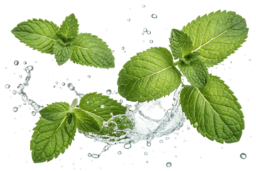fresh green mint leaves splashing PNG Image 