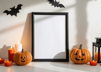 halloween frame mockup. Festive Halloween decorations featuring jack-o'-lanterns, candles, and a blank frame, set against a light background with bats.