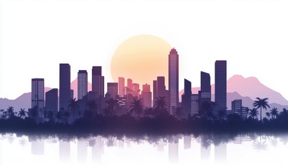 Fototapeta premium Panoramic Cityscape: Silhouettes Of Tall Skyscrapers, Office Buildings, Palm Trees, And Mountains At Sunset In A Modern Metropolis.