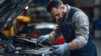 Mechanic in blue gloves and apron inspects a car engine at a garage, focusing intently on the task.