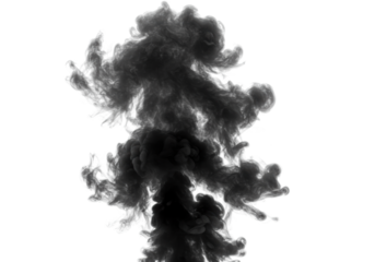 Dense, dark black and grey smoke cloud with intricate swirling textures, ominous and substantial, isolated centrally on a transparent background with copy space. Concept of environmental pollution