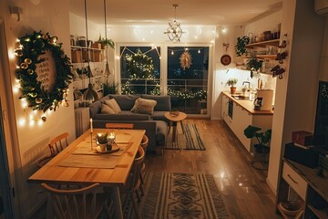 Cozy Nordic interior with wooden furniture and simple festive decorations